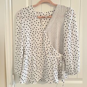 LOFT Black and White Wrap Blouse with Three-Quarter Sleeves